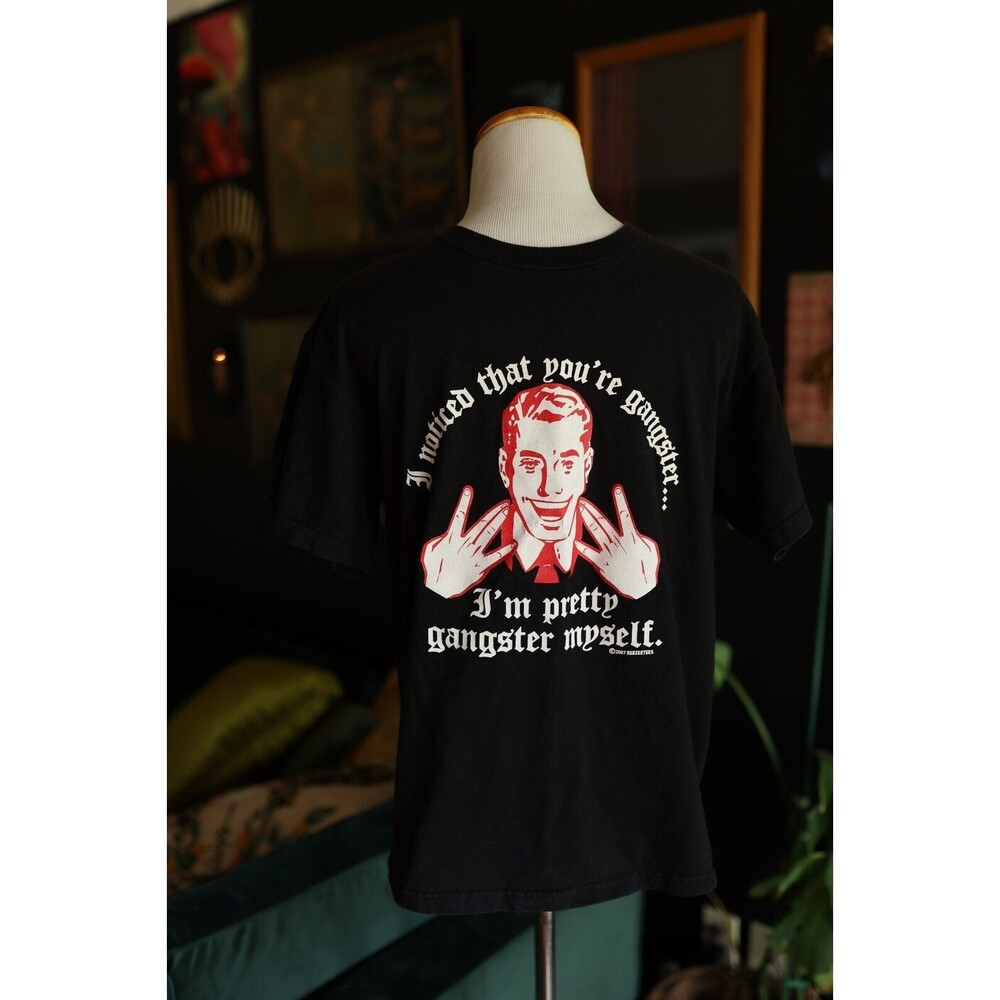 Y2K 2007 Funny Humor Retro man Gangster Black T- Shirt Size M